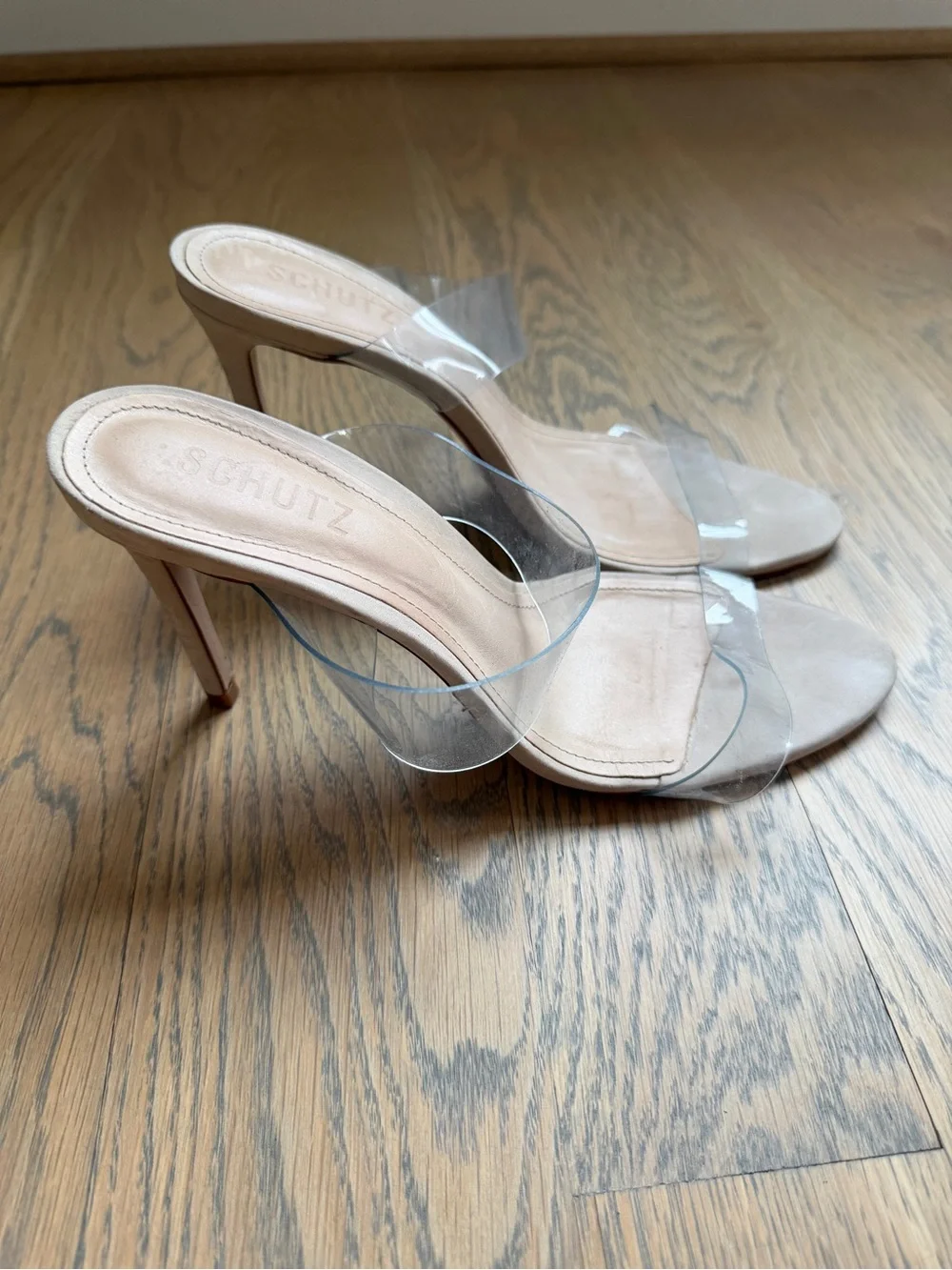 Schutz Ariel’s Clear Strap Suede Heels in Beige